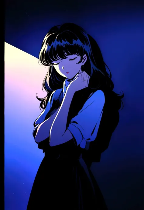 Create an intense, evocative portrait in the Japanese retro anime style of the 80s and 90s. The scene features a male bathed in deep blue light, leaning against a wall with her arms raised, eyes closed in a moment of raw emotion. Her attire is minimal, acc...