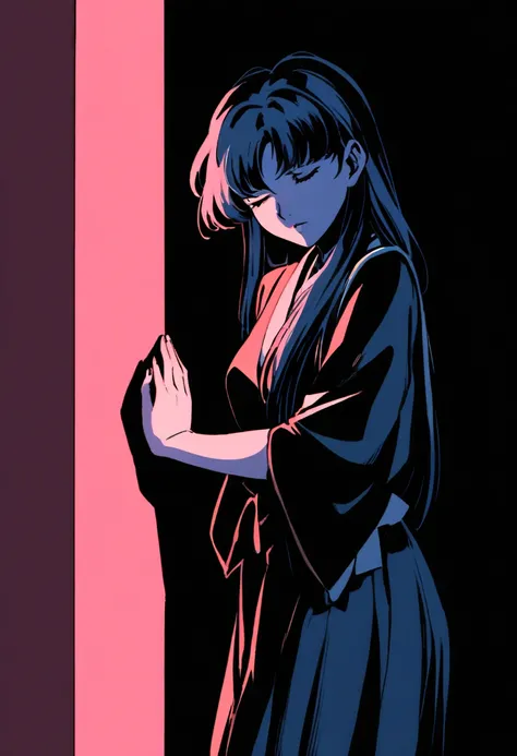 Create an intense, evocative portrait in the Japanese retro anime style of the 80s and 90s. The scene features a male bathed in deep blue light, leaning against a wall with her arms raised, eyes closed in a moment of raw emotion. Her attire is minimal, acc...