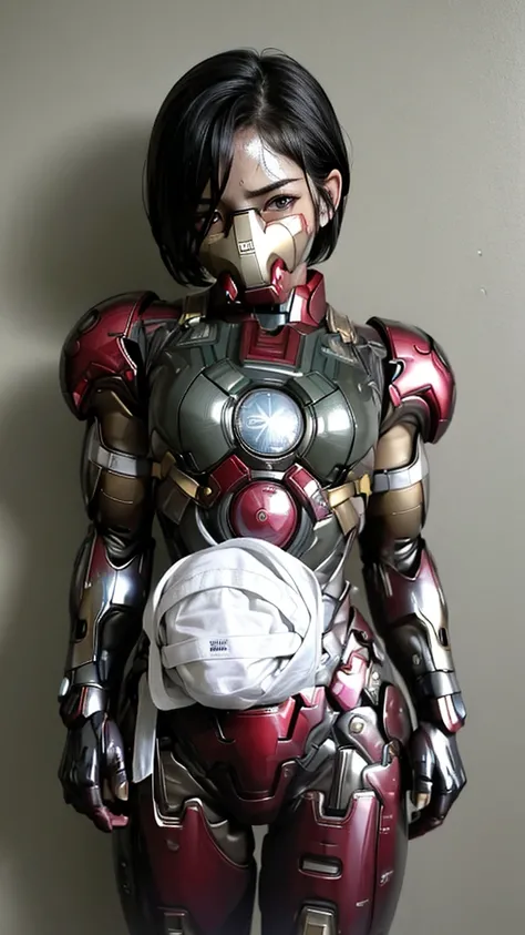 Highest quality　8k Iron Man Suit Girl　Kindergarten girl　Sweaty face　cute　short hair　boyish　Steam coming from the head　My hair is wet with sweat　Black hair feel　Full body portrait　My upper body is soaked　close your eyes　bare hands　Close-fitting full-face ga...