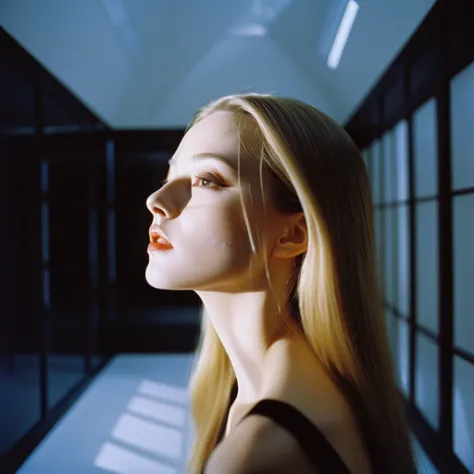 Photograph by Serge Lutens (1.8), pale skin, evil slavic woman, long dark blond hair, in profile, wide angle dim atmosphere, stunning, modern, dark, clean, artsy indoor surrounding, casting a dreamlike atmosphere eyes reflect some light, Shiseido-style Vog...