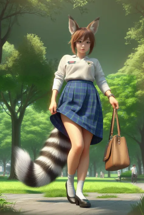 There is a woman walking, Hairy tail, Fluffy tail, furry animal with a tail, 狸のtail, thick Fluffy tail, Bushy tail, Realistic Anime 3D Style, tail, Zootopia concept art, Smooth anime CG art, Photorealistic Animation, Zootopia style, Thick tail, Zootopian s...