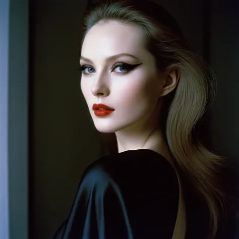 Photograph by Serge Lutens (1.8), pale skin, evil slavic woman, long dark blond hair, in profile, wide angle dim atmosphere, stunning, modern, dark, clean, artsy indoor surrounding, casting a dreamlike atmosphere eyes reflect some light, Shiseido-style Vog...