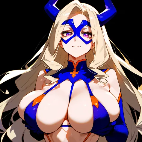 anime artwork, score_9, score_8_up, score_7_up, score_6_up, score_5_up, score_4_up, Mount Lady, blonde hair, purple eyes, big breasts, she is 24 years old, style_3, , highleg bikini, V, black background, solo, disembodied hand grabbing her breasts from beh...