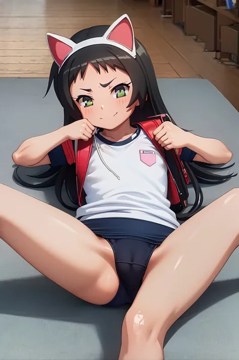 masterpiece, ultra quality, ultra sharp, ultra detailed, 1girl, solo, (((good anatomy))), haduki kurumi, (tattered torn dripping wet white gym shirt), navy gym pants, animal ears, randoseru, name tag, Japanese anime pose, laugh, BurumaShorts, Buruma, Gym U...