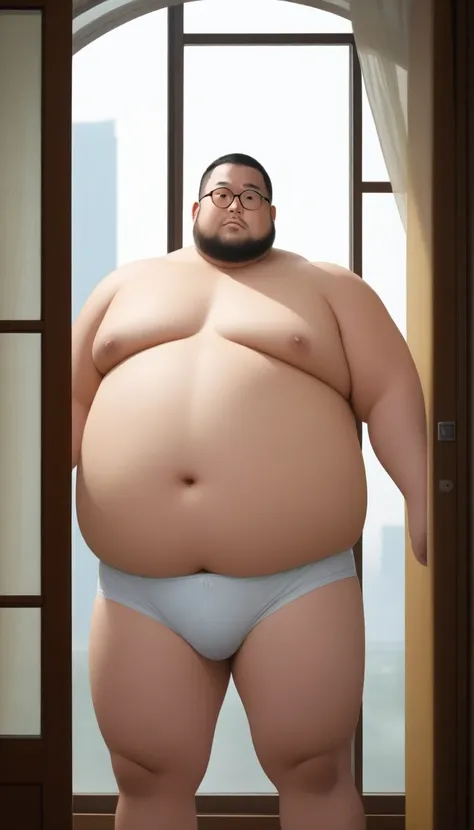 A fat man，Big eyes，Black round glasses，short hair，Round inches，Big round face，Very large and well-developed chest muscles，Big full belly，Standing under the glass window curtains，The upper body is bare，Wearing briefs with bulge in the crotch，Oriental male，F...