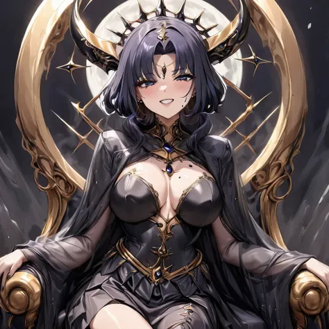 ((Highest quality)), ((masterpiece)), (detailed), （Perfect Face）、Black moon mark on forehead、The woman is the noble dark queen of the Black Moon of the Black Moon clan, Dark Mercury, with short blue bob hair. The woman is Dark Mercury, sitting on a luxurio...