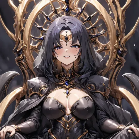 ((Highest quality)), ((masterpiece)), (detailed), （Perfect Face）、Black moon mark on forehead、The woman is the noble dark queen of the Black Moon of the Black Moon clan, Dark Mercury, with short blue bob hair. The woman is Dark Mercury, sitting on a luxurio...