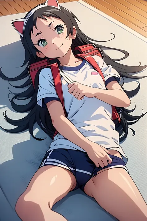 masterpiece, ultra quality, ultra sharp, ultra detailed, 1girl, solo, (((good anatomy))), haduki kurumi, (tattered torn dripping wet white gym shirt), navy gym pants, animal ears, randoseru, name tag, Japanese anime pose, laugh, BurumaShorts, Buruma, Gym U...