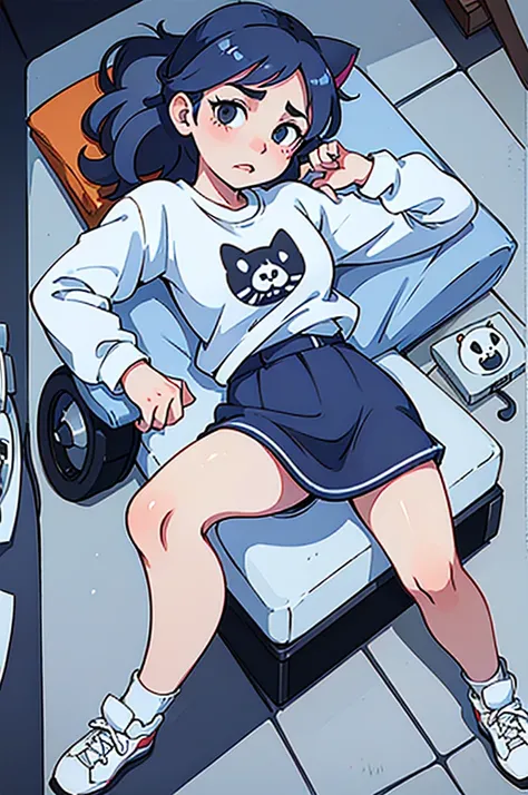 1 female, small kid cat girl, realistic lips oversized white t-shirt going all the way to the thighs, arms crossed propping up breast, hourglass figure, white eyes, french braid, blue hair, annoyed, cat ears, in an apartment, best quality