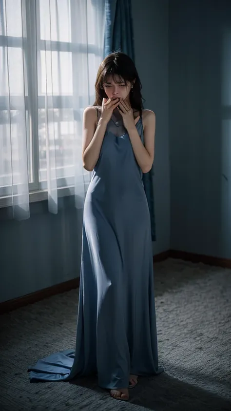 Best quality, masterpiece, ultra high res, photorealistic, raw photo, unity 8k wallpaper,night,dappled moonlight, dark blue theme,dim lightingm,
1girl,see-through dress,black nightgown,messy hair, (sad,disappointed, crying, tears:1.1), empty room,(sittig o...