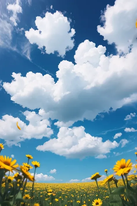 Draw a flower field with clouds looking up from the bottom.