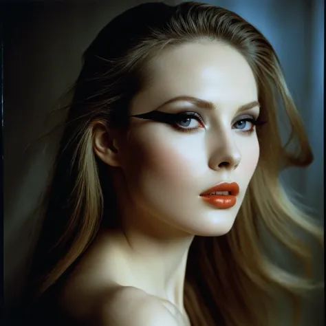 Photograph by Serge Lutens (1.8), pale skin, evil slavic woman, long dark blond hair, in profile, wide angle dim atmosphere, stunning, modern, dark, clean, artsy indoor surrounding, casting a dreamlike atmosphere eyes reflect some light, Shiseido-style Vog...