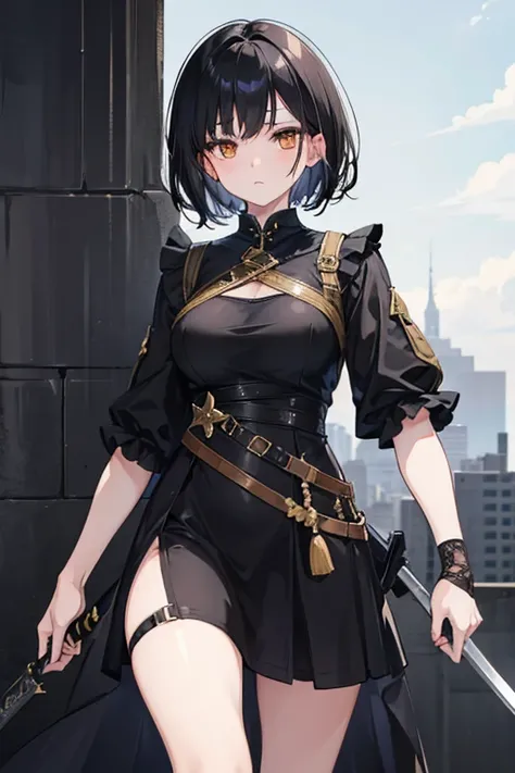 A girl with short black hair, golden eyes wearing a black dress, She carries a sword with a black handle