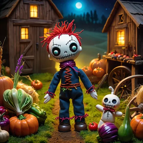 (knitted toy voodoo doll:1.5), (Voodoo Farmhand:1.3), (Clothing: rustic farm attire:1.0), (Accessories: enchanted pitchfork emitting sparks of growth magic, levitating spectral vegetables:1.1), (background: enchanted farm with floating barns, glowing field...