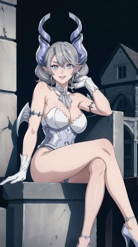  Outside castle top  High level image quality　best image quality　8K　 adult woman   silver castle outside  more colors   whole body view　portrait　 bikini   　horn    ears  　short hair（（shortcut）（gray hair）（perm）（fluffy））　eye color is blue ,  , 　attractive ev...