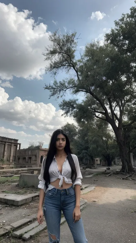 Indian Woman, look at viewer, long hair, shirt, jeans, cloud, day, sky,outdoors, post-apocalypse, ruins, scenery, tree, water,