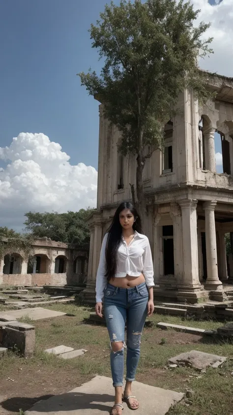 Indian Woman, look at viewer, long hair, shirt, jeans, cloud, day, sky,outdoors, post-apocalypse, ruins, scenery, tree, water,