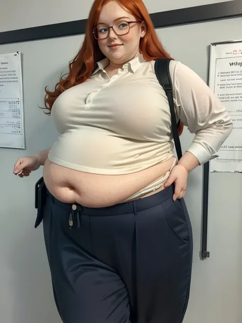 Happy photo of a young cute nerdy redhead bbw student with glasses with long wavy ginger hair soft fat belly, wide fat obese hips, thick fat legs and fat arms, cute pretty face, small breasts, blue eyes, freckles, in long shirt tucked in her simple trouser...