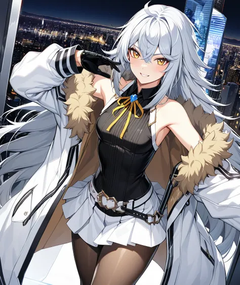 1girl, bangs,long_hair,独奏, yellow eyes, black legwear, jacket, pantyhose, silver hair, skirt, bare shoulders, eyebrows visible through hair, ahoge, gloves, white hair, small breasts,long sleeves,hair between eyes, standing, white skirt, shirt,sleeveless, s...