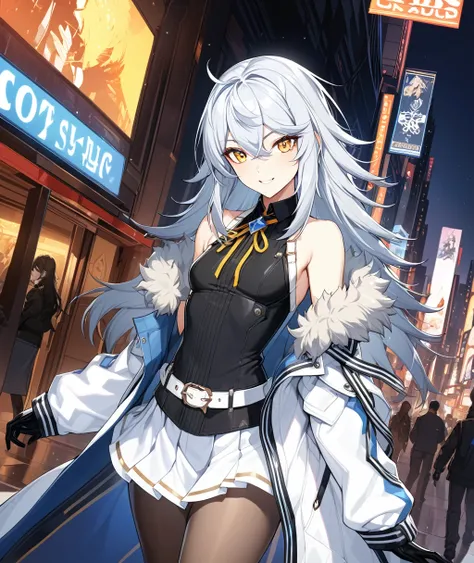 1girl, bangs,long_hair,独奏, yellow eyes, black legwear, jacket, pantyhose, silver hair, skirt, bare shoulders, eyebrows visible through hair, ahoge, gloves, white hair, small breasts,long sleeves,hair between eyes, standing, white skirt, shirt,sleeveless, s...