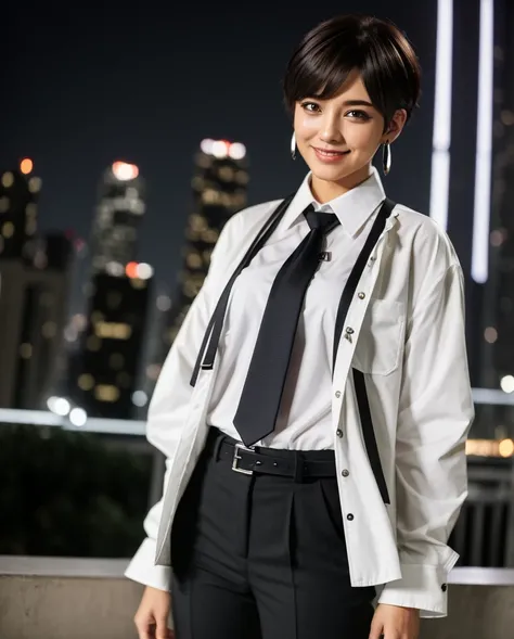 ((Top Quality, 8k, Masterpiece: 1.3)), 2boys, bangs, belt, black jacket, black necktie, black pants, brown eyes, brown hair, building, city, cityscape, closed mouth, collared shirt, dual persona, earrings, eye contact, falling, jacket, jewelry, long sleeve...