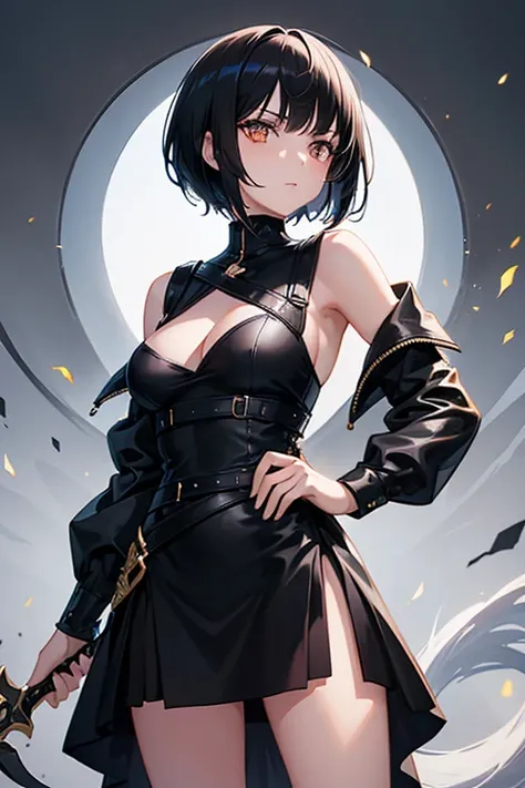 A girl with short black hair, golden eyes wearing a black dress, She carries a sword with a black handle