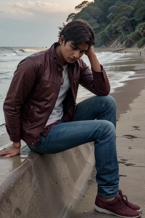 best quality. 20 year old youth, Indian face, maroon jacket, jeans trousers, Sit watching the waves on the beach. Jarak long shot, Side view. 