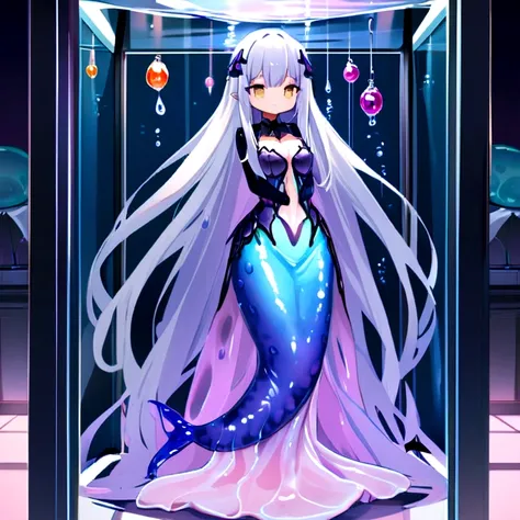 Slimy mermaid、 The whole body is covered with a large translucent membrane、Slime Mermaid、Fusion of the body、Girl、Goldfish、incubator、artificial fish、Long Hair、Arms are bat wings、Spawning