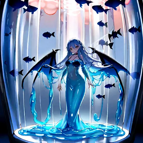 Slimy mermaid、 The whole body is covered with a large translucent membrane、Slime Mermaid、Fusion of the body、Girl、Goldfish、incubator、artificial fish、Long Hair、Arms are bat wings、Spawning