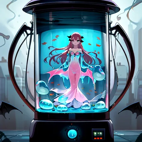 Slimy mermaid、 The whole body is covered with a large translucent membrane、Slime Mermaid、Fusion of the body、Girl、Goldfish、incubator、artificial fish、Long Hair、Arms are bat wings、Spawning