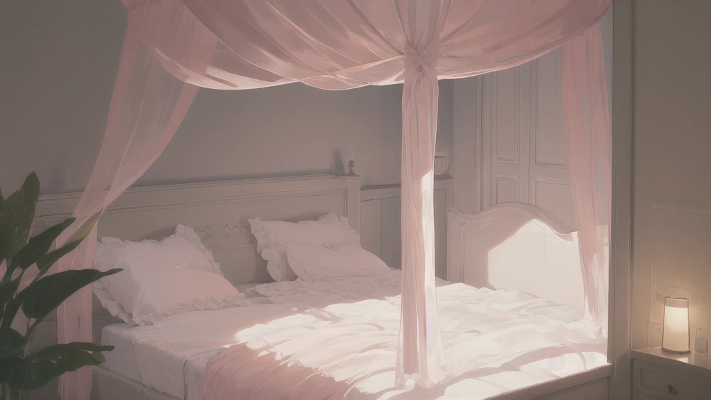 there is a bed with a canopy in a room with a window, Soft morning lighting, soft light atmosphere, Soft morning light, bed room, bedroom background, bed, Soft colors, bedroom, dim bedroom, Natural light in the room, soft light dull mood, cozy bed, Pale pi...