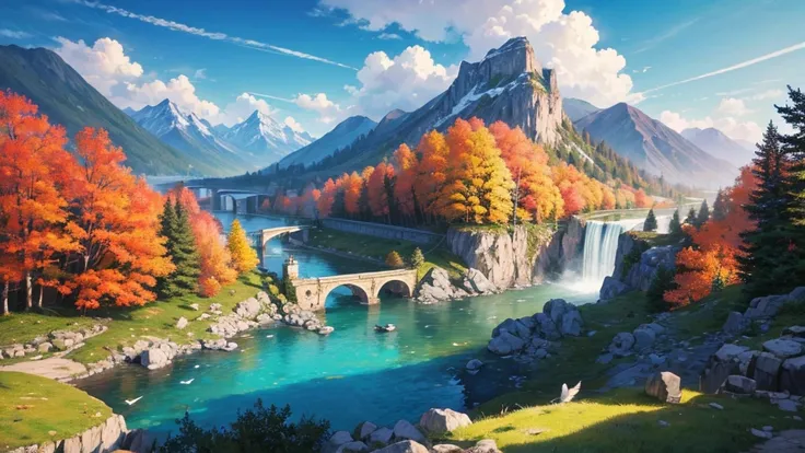 The painting depicts a traditional East Asian landscape with soaring rocky mountains studded with trees, The waterfall falls into the river flowing over the curved bridge, and many fall-colored trees at the foot of the mountain. In the sky there were two w...