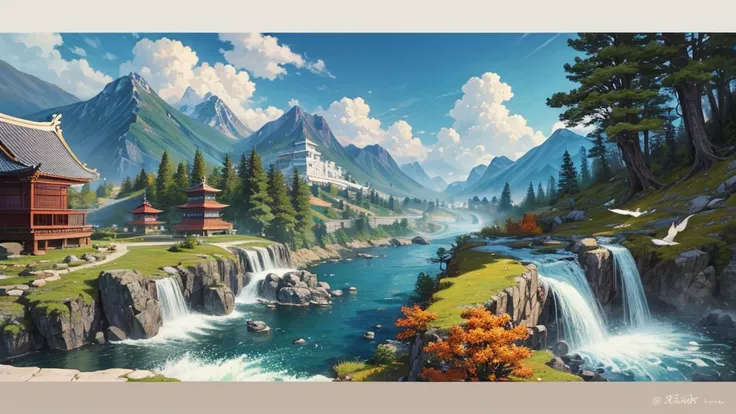 The painting depicts a traditional East Asian landscape with soaring rocky mountains studded with trees, The waterfall falls into the river flowing over the curved bridge, and many fall-colored trees at the foot of the mountain. In the sky there were two w...