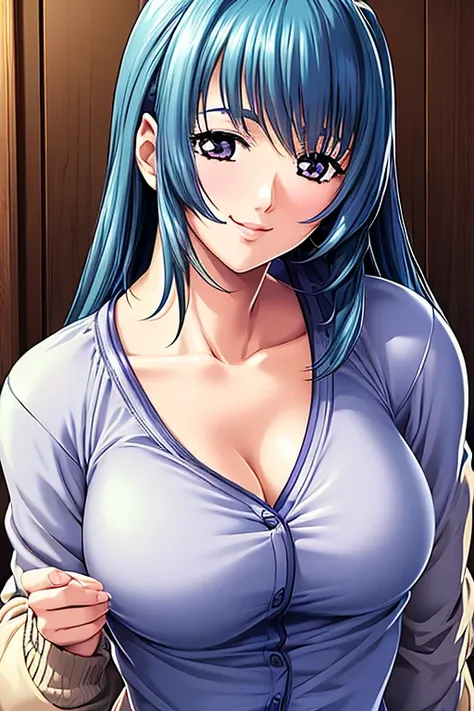 (best quality), (masterpiece), (focus on face), つやのある肌, 1girl, smile, cardigan, medium large breasts, emphasizing the cleavage