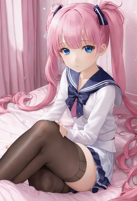 black pantyhose,loli,sailor,skirt,cute,lying,,pink hair,twintails,,shy,medium breasts,panties under pantyhose