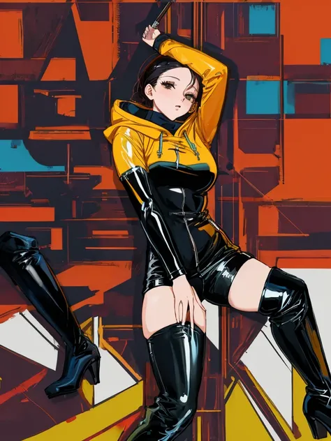 ((masterpiece,Highest quality)),Sex,Latex hoodie,Shiny black trousers,Thigh-high boots,