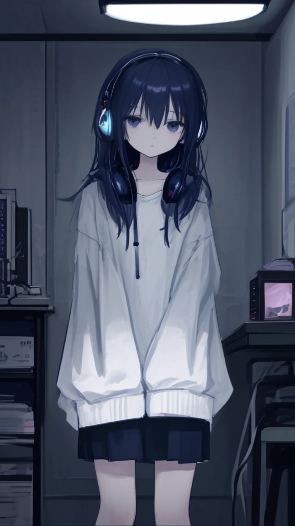 night、Girl listening to music in a cozy room, Using headphones, 2D-style animation, Lo-Fi, hard disk, Dark Environment