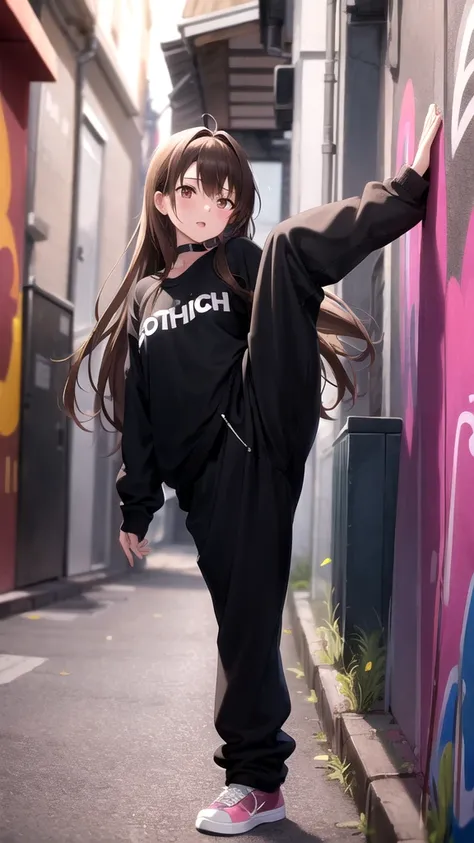 1girl dancing, long brown hair, brown eyes, wearing sweater, baggy pants, dancing in an alleyway with colourful graffiti on walls, high res, ultrasharp, 8K, masterpiece, looking at viewer, blurry background, vibrant colours