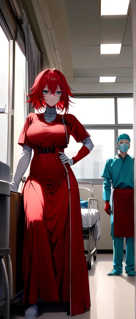 Rias Gremory blue eyes red hair wearing surgeon&#39;s clothes and in a hospital