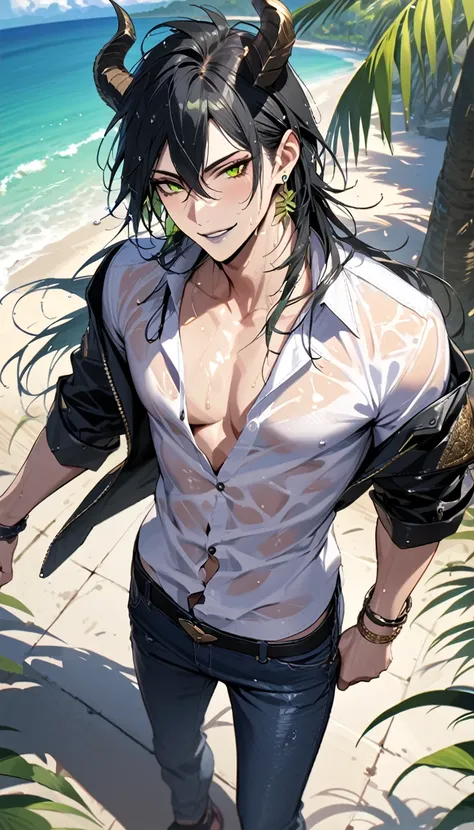 masterpiece, highres, absurdres, illustration,   ((masterpiece:1.4, best quality)), (Ultra detailed background), 1boy, handsome man, highly detailed beautiful face and eyes, beautiful eyes, (sharp detail:1.3), shiny, earrings, bracelet, (wet clothes:1.3), ...