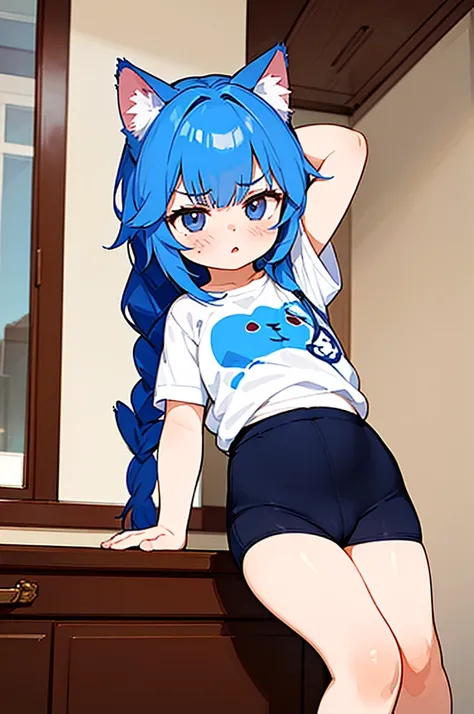 1 female, small kid cat girl, realistic lips oversized white t-shirt going all the way to the thighs, arms crossed propping up breast, hourglass figure, white eyes, french braid, blue hair, annoyed, cat ears, in an apartment, best quality
