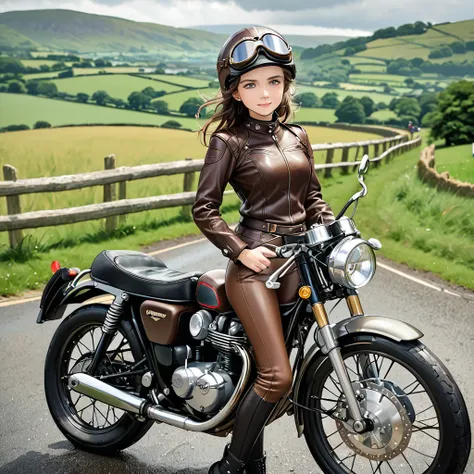 Vintage Bikes、Triumph、Photograph the entire bike、Isle of Man Races、(Young female rider stands on the back of her bike for a photo)、Leather jumper、Cromwell helmet with goggles、after the rain、English countryside landscape、