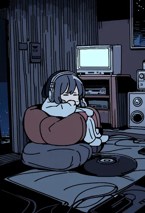 night、Girl listening to music in a cozy room, Using headphones, 2D-style animation, Lo-Fi, hard disk, Dark Environment