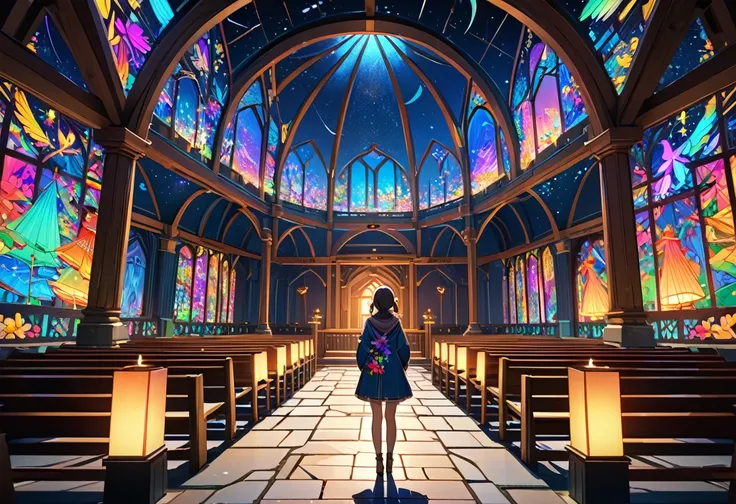 (((zoom out))),8k,((Highest quality)),((high-res)),((shot from behind)),night,She stands in a sanctuary,outside,colorful,thank you!