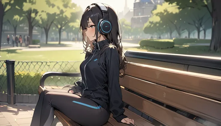 ((Top Quality)), ((Masterpiece)), ((Detail)), perfect face, perfect body, wearing headphones, wearing leggings, listening to music, sitting on bench, park background, face visible