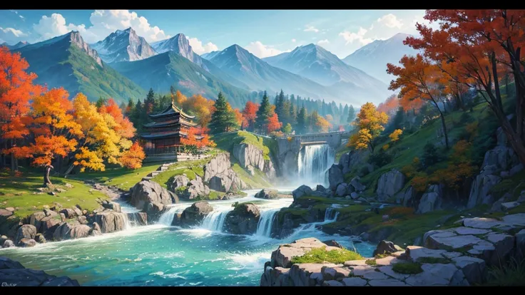 The painting depicts a traditional East Asian landscape with soaring rocky mountains studded with trees, The waterfall falls into the river flowing over the curved bridge, and many fall-colored trees at the foot of the mountain. In the sky there were two w...