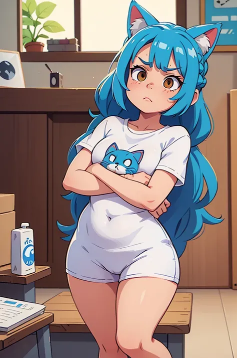 1 female, small kid cat girl, realistic lips oversized white t-shirt going all the way to the thighs, arms crossed propping up breast, hourglass figure, white eyes, french braid, blue hair, annoyed, cat ears, in an apartment, best quality