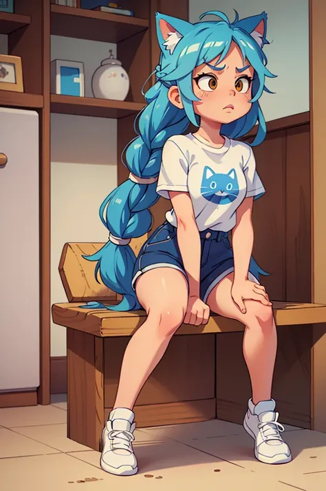 1 female, small kid cat girl, realistic lips oversized white t-shirt going all the way to the thighs, arms crossed propping up breast, hourglass figure, white eyes, french braid, blue hair, annoyed, cat ears, in an apartment, best quality