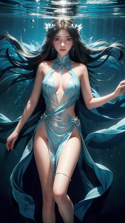 Best quality，masterpiece，Ultra-high resolution，Clear face,（Reality：1.4），RAW photos，Cold Light，Woman wearing transparent clothes underwater，full-body shot，Wallpaper Anime Blue Water，，closeup fantasy with water magic，A beautiful artistic illustration，Water N...