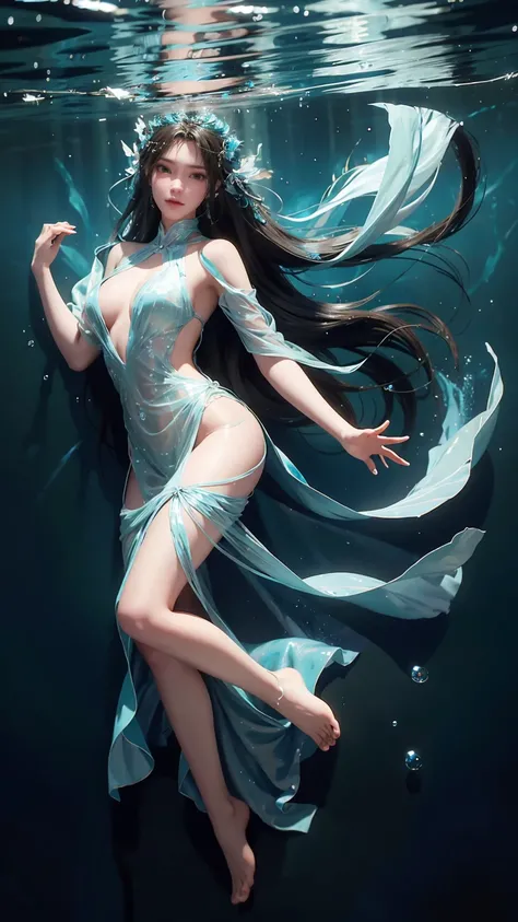 Best quality，masterpiece，Ultra-high resolution，Clear face,（Reality：1.4），RAW photos，Cold Light，Woman wearing transparent clothes underwater，full-body shot，Wallpaper Anime Blue Water，，closeup fantasy with water magic，A beautiful artistic illustration，Water N...